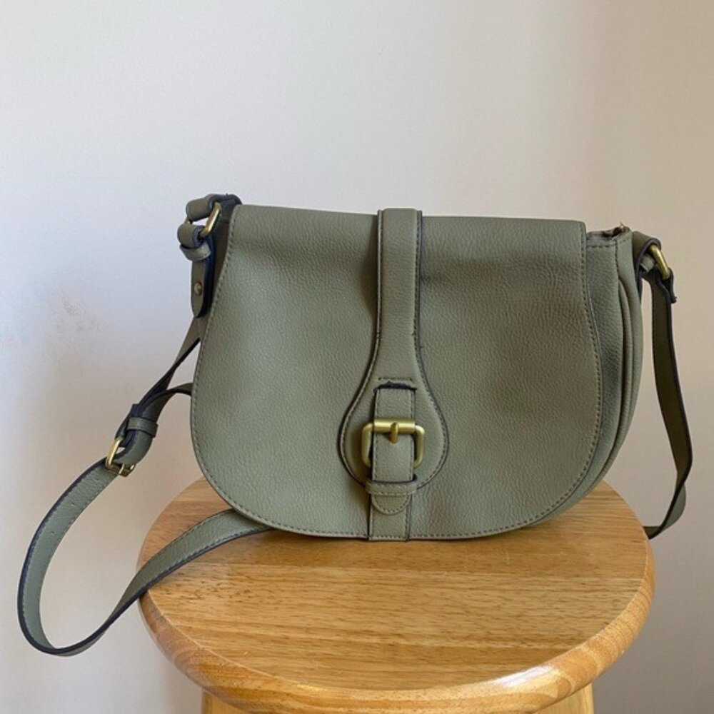 Merona Olive Green Vinyl Crossbody Bag With Adjustable Strap & Magnetic Closure